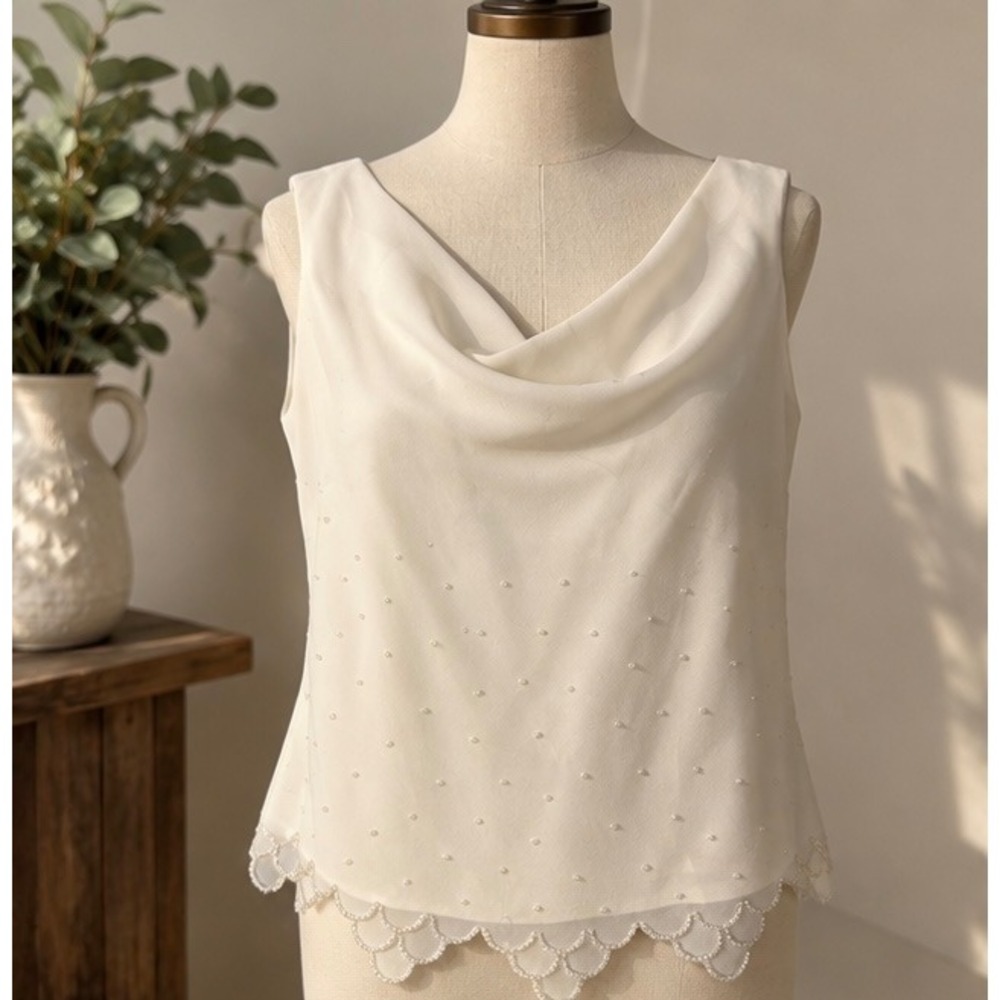 JR Nites by Caliendo Ivory Pearl Embellished Cowl Neck Blouse Scalloped Hem 16